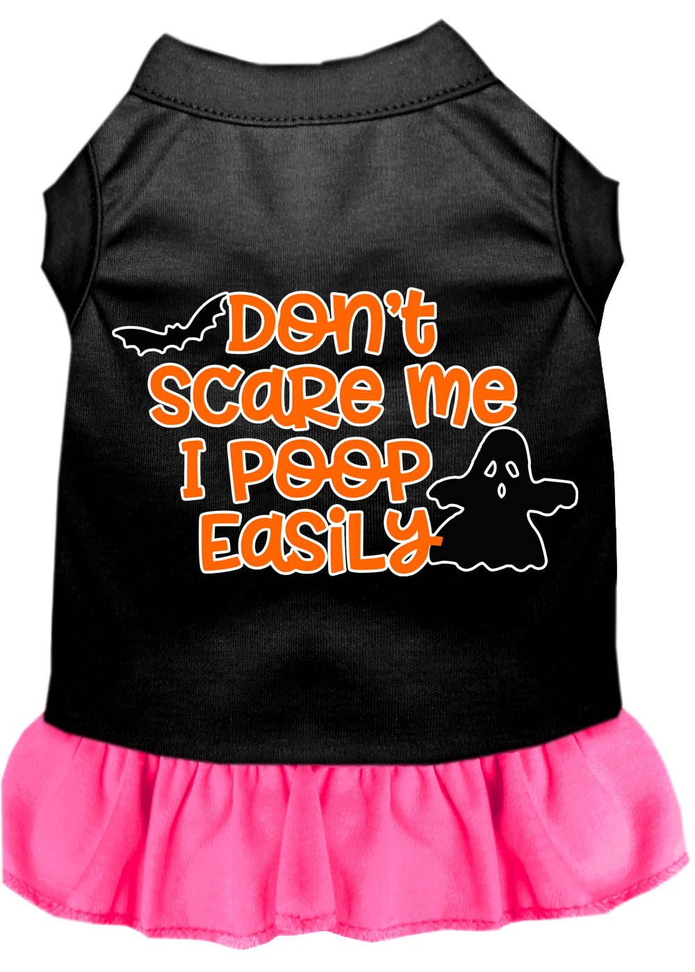 Don't Scare Me, Poops Easily Screen Print Dog Dress Black with Bright Pink XS